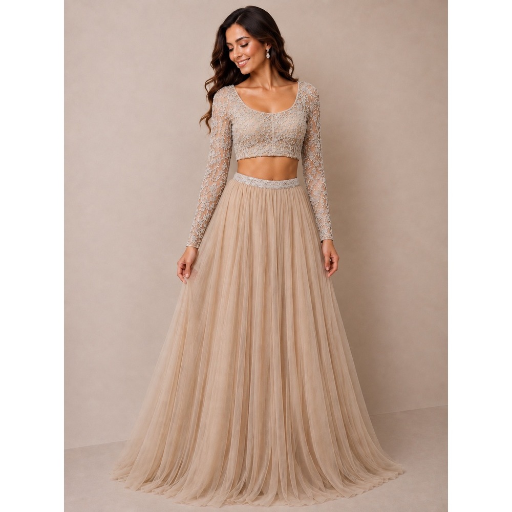 Sherri Hill 53559 Nude Ivory Beaded Two Piece Prom Gown Dress Womens 00 NEW